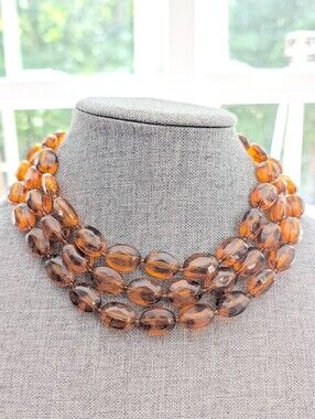 Vintage Chic Triple Strand Faux Amber Acrylic Beaded Layered Retro Necklace